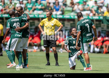 Sao Paulo, Brésil. 13 janvier 2019. SÃO PAULO, SP - 13.01.2019 : AMIGOS DO ZÉ ROBERTO X PALMEIRAS - Edmundo célèbre son but avec Zé Roberto (1-3) durant le jeu des Amis de Zé x Palmerias tous les temps. Soiree de fonctionnaire de Zé Roberto. Ze Roberto par revaldo portugais, joué pour le Bayern Munich, le Bayer Leverkusen, Real Madrid, Grêmio et Palmeiras. Il a joué plus de 80 fois pour l'équipe nationale brésilienne. L'ancien joueur est actuellement conseiller technique à Palmeiras. Le match joué à Allianz Park, zone ouest de São Paulo ce dimanche (13). Crédit : Foto Arena LTDA/Alamy Live News Cre Banque D'Images