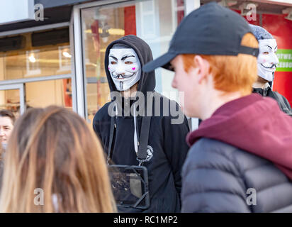 Brentwood, Essex, Royaume-Uni. 13 janvier 2019. Un cube de vérité protester à Brentwood High Street par anonyme pour les sans voix ; un groupe de promouvoir le véganisme et le bien-être des animaux. Les ordinateurs portables et écrans vidéos montrent des images pénibles d'allégations de cruauté envers les animaux. Pour les sans-voix anonymes est une organisation d'activistes de la rue dédiée à la libération animale totale. Ils exposent au public l'exploitation animale qui est volontairement caché à eux. En combinant cela avec une approche de vente basée sur la valeur des ressources et de la littérature, ils sont tout à fait d'équiper le public avec tout ce dont ils ont besoin pour passer à un végétalien lifesty Banque D'Images