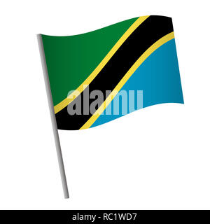 L'icône du drapeau de la Tanzanie. Drapeau national de Tanzanie sur un poteau, illustration. Banque D'Images