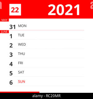 Planificateur de calendrier pour la semaine 22 en 2021, se termine le 6 juin 2021 . Banque D'Images