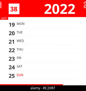 Planificateur de calendrier pour la semaine 38 en 2022, se termine le 25 septembre 2022 . Banque D'Images