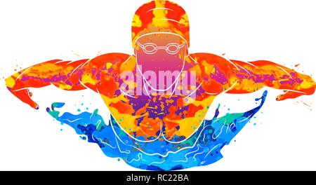 Résumé d'un nageur papillon d'éclaboussure d'aquarelles Illustration de Vecteur