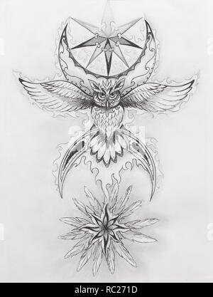 Dessin d'ornement de l'owl esprit avec symbole de lune et de plumes. Banque D'Images