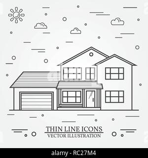 L'icône de la ligne mince vecteur american suburban house. Pour la conception web et l'interface d'application, aussi utile pour l'infographie. Vector gris foncé. Vector illustration. Illustration de Vecteur