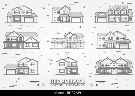 Ensemble de l'icône de la ligne mince vecteur suburban maisons américaines. Pour la conception web et l'interface d'application, aussi utile pour l'infographie. Vector gris foncé. Vector illustration. Illustration de Vecteur