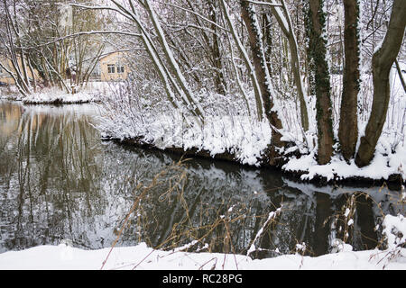 Paysage d'hiver près du lac avec des arbres et des bâtiments sur l'autre. Journée d'hiver nuageux. Pas de personnes. Calme et de couleurs naturelles. Superbe vue panoramique. Banque D'Images