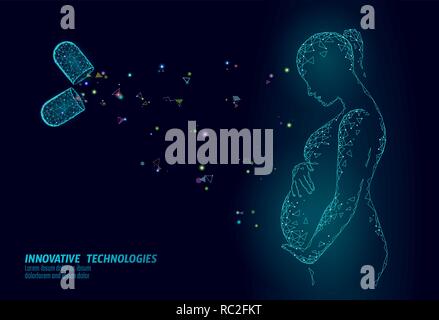 Complément alimentaire grossesse vitamine capsule. Soins de santé maternité médecine pharmaceutique chimie sciences innovation la technologie de rendu 3D polygonale. Ventre femme silhouette vector illustration Illustration de Vecteur