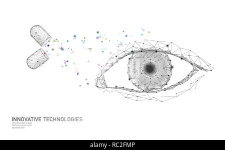 Complément alimentaire vision vitamine capsule. Clair de l'œil les soins de médecine pharmaceutique chimie sciences innovation la technologie de rendu 3D polygonale. Woman eye modèle de page d'illustration vectorielle isolés Illustration de Vecteur