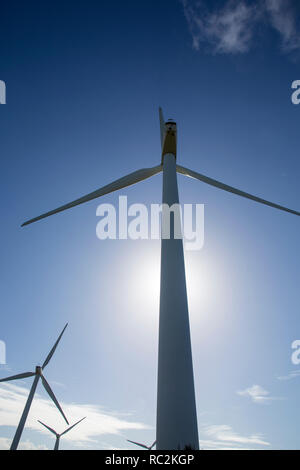 Low angle view of wind turbine contre le ciel bleu. Banque D'Images