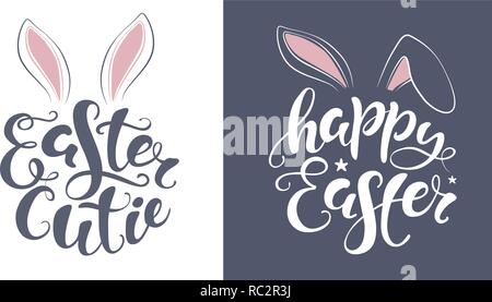 Vector Happy Easter Bunny carte lettrage. devis pour la conception d'affiches, cartes de vœux, bannière, version wall art, t-shirt et autres, eps illustration. Illustration de Vecteur