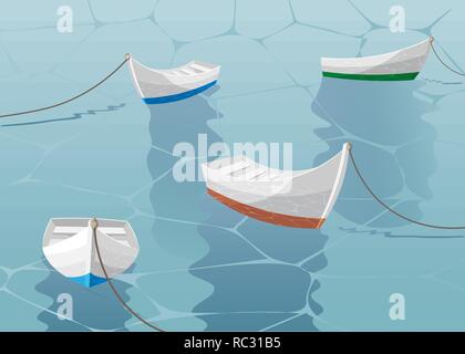 Les bateaux sont mis en place à proximité de l'embarcadère. bateau naviguant en mer bleue. Eps 10 Illustration de Vecteur