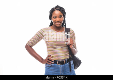 College student young African American woman on white background Banque D'Images