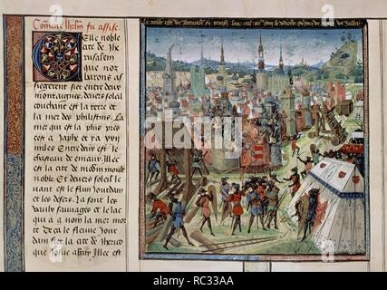 CRONICAS DE LAS CRUZADAS - 1ª CRUZADA - GODOFREDO DE BOUILLON - JERUSALEN ES ATACADO - MANUSCRITO DEL SIGLO XV. Auteur : DREUX JEAN. Emplacement : BIBLIOTECA NACIONAL-COLECCION. WIEN. L'Autriche. Banque D'Images