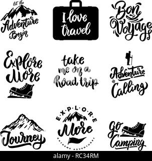 Ensemble de phrases de motivation lettrage avec l'aventure et les voyages, la montagne, le camping, les éléments du tourisme. Vector illustration Illustration de Vecteur