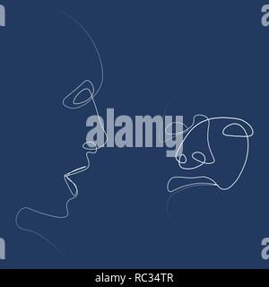 Deux personnes silhouettes tirées avec une seule ligne. Vector illustration simple. Sur fond de couleur distincte. Illustration de Vecteur