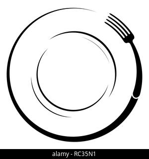 Résumé Le logo d'un café ou restaurant. Une fourchette dans une assiette. Une simple esquisse. Illustration de Vecteur