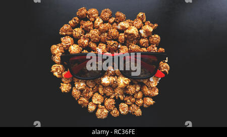 Résumé de l'image viewer, lunettes 3D et du popcorn sur fond noir Banque D'Images