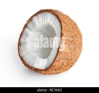 La moitié de la noix de coco mûre isolé sur fond blanc Banque D'Images