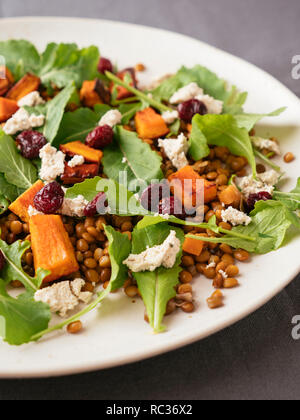 Plaque avec une lentille, courges d'hiver avec salade Feta vegan fait maison Banque D'Images