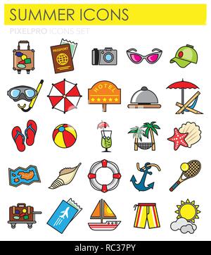 Couleur d'été contours icons set sur fond blanc pour la conception graphique et web, simple signe vecteur moderne. Concept de l'Internet. Symbole à la mode pour la conception de site web site web application mobile ou bouton. Illustration de Vecteur