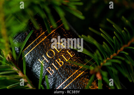 La couverture de la bible en cuir noir avec écrit des lettres d'or Banque D'Images