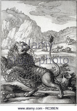 Le lion et la souris, l'une des Fables d'Ésope, gravure d'aquafortiste de Bohême Venceslas Hollar à partir de 1600 Banque D'Images