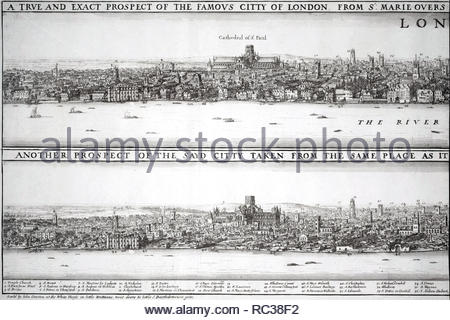 Londres, avant et après le grand incendie de 1666, gravure par Bohemian Wenceslaus Hollar aquafortiste de 1666 - voir l'image RC38F5 pour la deuxième partie Banque D'Images