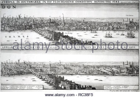 Londres, avant et après le grand incendie de 1666, gravure par Bohemian Wenceslaus Hollar aquafortiste de 1666 - voir l'image RC38F2 pour première partie Banque D'Images