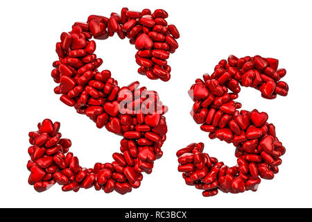 Lettre cursive S de coeurs rouges, majuscules et minuscules. Le rendu 3D isolé sur fond blanc Banque D'Images