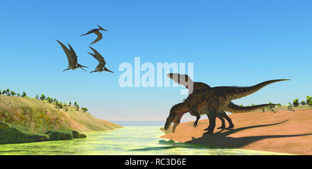 Acrocanthosaurus Dinosaures - Pteranodon reptiles voler plus de deux dinosaures Acrocanthosaurus comme ils boivent à partir d'un flux dans la période du Crétacé. Banque D'Images