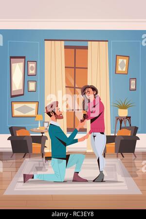 Homme à genoux tenant bague de fiançailles femme proposant l'épouser couple amoureux mariage mariage happy Valentines Day offre salon concept vertical intérieur Illustration de Vecteur