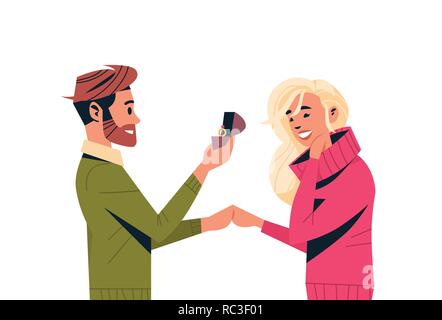 Man holding bague de fiançailles femme propose d'épouser happy valentines day concept couple in love mains et coeurs mariage portrait isolé offre horizontale Illustration de Vecteur