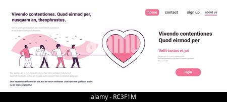 Groupe de personnes tirant corde big pink forme de coeur happy valentines day concept de vacances hommes femmes toute la longueur de l'équipe de personnages de dessins animés télévision horizontale copy space vector illustration Illustration de Vecteur