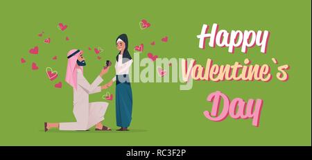 Homme à genoux arabe holding bague de fiançailles femme arabe proposant l'épouser happy valentines day concept couple in love mariage offrent des cartes de vœux horizontale Illustration de Vecteur