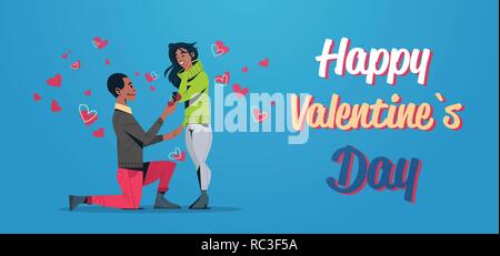 Homme à genoux tenant bague de fiançailles femme propose d'épouser happy valentines day concept african american couple en amour mariage offrir carte de souhaits l'horizontale Illustration de Vecteur