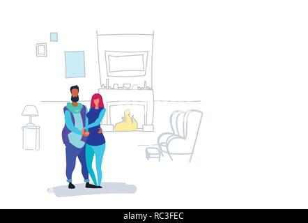 Couple in love man woman Standing together plus de cheminée décoration intérieur accueil hommes femmes personnages croquis pleine longueur horizontale doodle Illustration de Vecteur