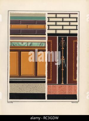 Décorations murales à partir de l'atrium et à l'arrière chambre à la maison de l'épigrammes, Regio V, Insula 1, 18. Illustration dessinée par Discanno et lithographiés par Victor Steeger de Emil Presuhn's 'Pompeji. Die Neuesten Ausgrabungen von 1874-1881', Weigel, Leipzig, 1882. L'archéologue allemand Presuhn (1844-1881) a vécu en Italie pendant huit ans et, avec M. Discanno et Miss Amy Butts, faites des copies exactes de nombreuses peintures murales qui sont maintenant perdus. Banque D'Images