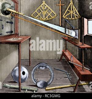 Johannes Hevelius (1611-1687). L'astronome polonais. Observatoire et des instruments astronomiques. La gravure. 19e siècle. De couleur. Banque D'Images