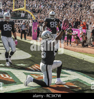 Oakland, Californie, USA. Oct 11, 2015. Oakland Raiders fullback Marcel Reece (45) célèbre le toucher des roues le dimanche, 11 octobre 2015 à O.co Coliseum à Oakland, Californie. Les Broncos défait les Raiders 16-10. Crédit : Al Golub/ZUMA/Alamy Fil Live News Banque D'Images