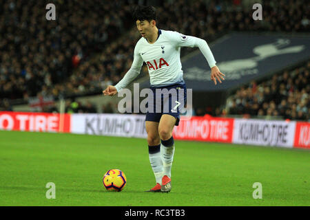 Londres, Royaume-Uni. 13 Jan, 2019. Fils Heung-min de Tottenham Hotspur en action. Le Premier Ministre de l'EPL League, Tottenham Hotspur v Manchester Utd au stade de Wembley à Londres, le dimanche 13 janvier 2019. Cette image ne peut être utilisé qu'à des fins rédactionnelles. Usage éditorial uniquement, licence requise pour un usage commercial. Aucune utilisation de pari, de jeux ou d'un seul club/ligue/dvd publications pic par Steffan Bowen/Andrew Orchard la photographie de sport/Alamy live news Crédit : Andrew Orchard la photographie de sport/Alamy Live News Banque D'Images