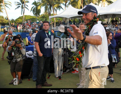 Honolulu, Hawaii, USA. 13 Jan, 2019. Matt Kuchar célèbre sa victoire avec un -22 au Sony Open PGA au Waialae Country Club à Honolulu, HI - Michael Sullivan/CSM Crédit : Cal Sport Media/Alamy Live News Banque D'Images