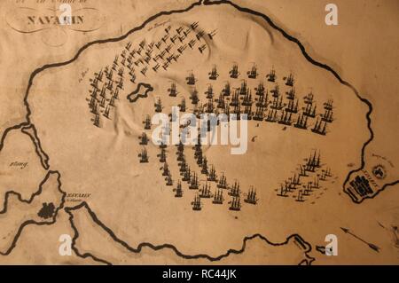 Guerre d'Indépendance grecque (1821-1830), la bataille navale de Navarin (20 octobre 1827) dans la baie de Navarin (maintenant) Pylos, dans le Péloponnèse. Une part de la France, la Russie et la Grande-Bretagne a remporté la force navale de la flotte du Sultan Ibrahim Turc-egyptien. Banque D'Images