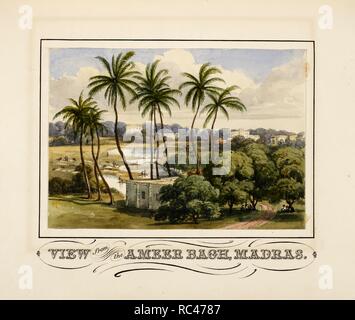 Vue depuis l'Ameer Bagh, Madras. c. 1860. 'Vue depuis l'Ameer Bagh, Madrasâ€™. Couleur de l'eau ; 14.5 par 20.5 cm. Ce dessin peut être un original, comme il est prévu plutôt que dessiné sur la page, et pourrait donc éventuellement être par Anna Tonelli.Image provenant de : Indian Journal of Lady Charlotte Florentia Clive (1787-1866), illustré d'aquarelles, certaines probablement par sa gouvernante, Anna Tonelli. Journal officiel copié par calligraphe professionnel, W.H. Ramsay, c.1857 c.1860 European schoo| / British school . Source : RM 4235, la plaque après 112. Banque D'Images