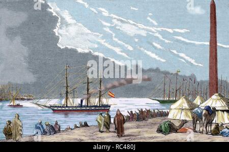 L'Égypte. La frégate espagnole "Berenguela' par le Canal de Suez, le premier grand navire qui effectue ? ?le voyage. Gravure couleur à partir de 1870. Banque D'Images