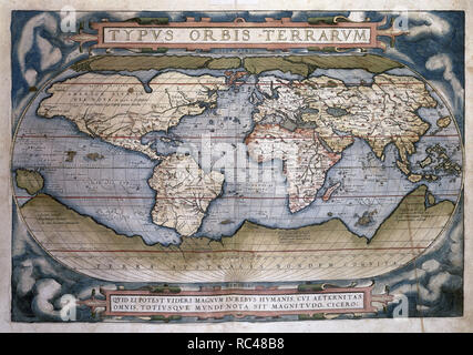 Theatrum Orbis Terrarum (Théâtre du monde). Il est considéré comme le premier vrai atlas moderne. Écrit par Abraham Ortelius et a d'abord paru le 20 mai 1570, à Anvers. Carte du monde. Banque D'Images