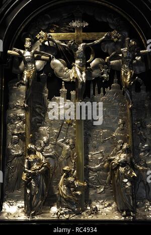 Autel d'argent, daté 1620, avec un cadre d'ébène, de la chapelle du château de Husum. Initialement associer à la soeur de Christian IV, la Duchesse Augusta. L'argenterie est par Albrecht von Horn d'Augsbourg. Crucifixion. Musée national du Danemark. Banque D'Images