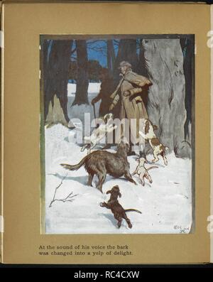 Au son de sa voix l'écorce a été changé en un cri de joie - un homme et des chiens dans la neige. Le jour de Noël. (La veille de Noël.) [de l'Esquisse Livre.] ... Illustré en couleurs par Cecil Aldin. London : Hodder & Stoughton, [1910]. À partir de 'Noël'. Source : 12350.v.23. frontispice. Banque D'Images