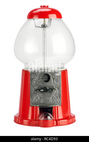 Vintage vide bubble gum gumball machine, distributeur ou de couleur rouge. Vue en gros plan et isolé sur fond blanc Banque D'Images