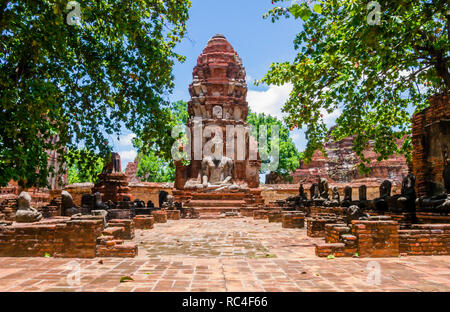 La Thaïlande, sculpture Bouddha Stupa et entouré d'arbres à Ayutthaya, vieux temple Banque D'Images