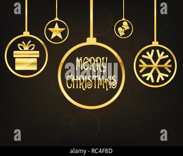 Arrière-plan de fête avec or boules de Noël et Joyeux Noël texte. Vector illustration. Holiday greeting Illustration de Vecteur